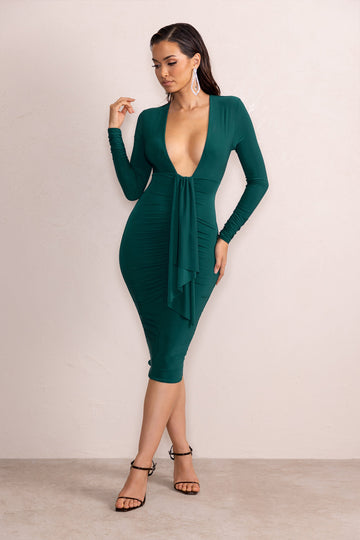 Inspirational Bottle Green Plunge Neck Long Sleeves Ruched Midi Dress With Drape Detail